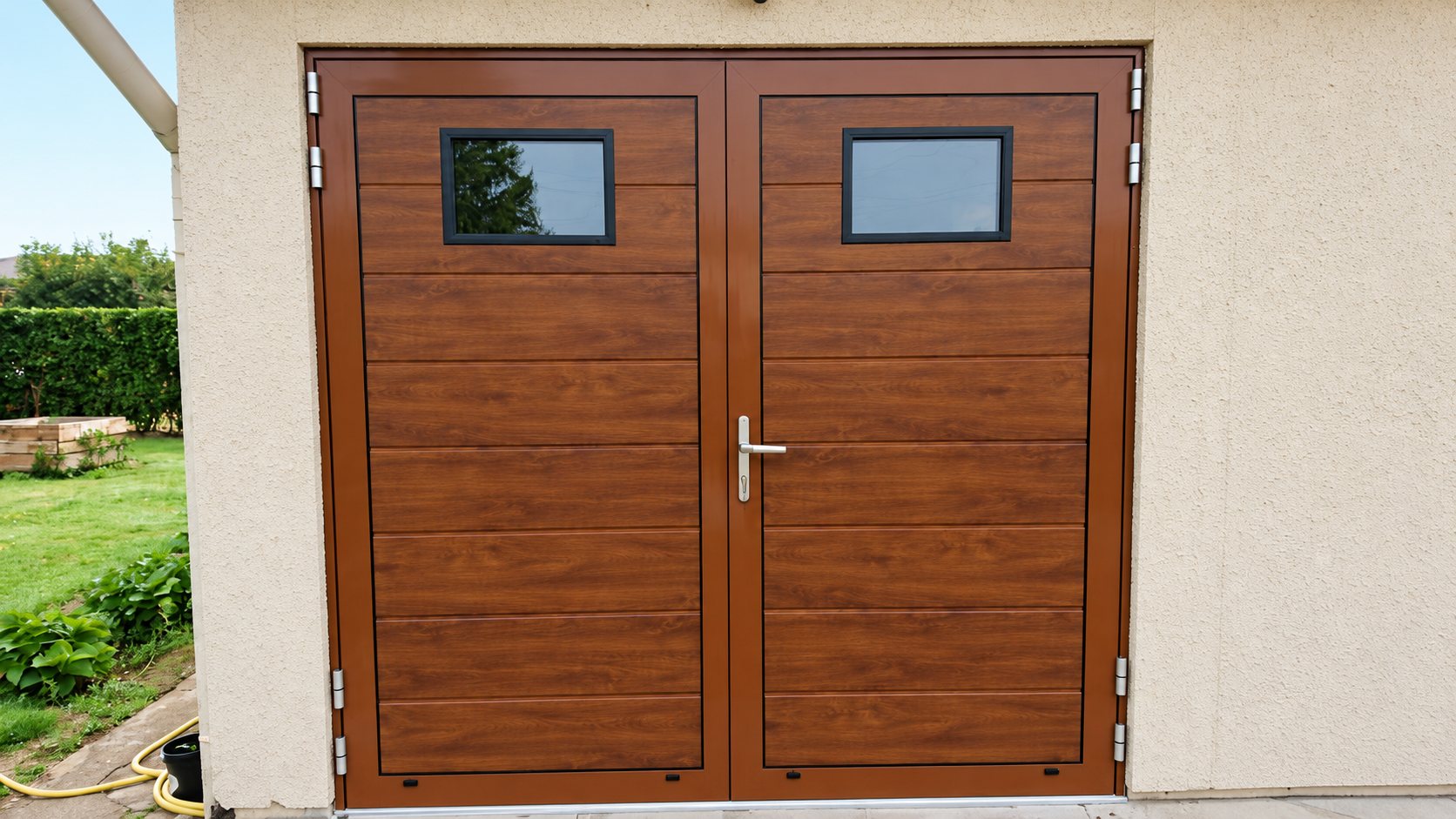 Porte de garage à deux battants en aspect bois foncé avec deux petits hublots vitrés, installée sur un mur crépi beige, avec un jardin et un tuyau d'arrosage jaune à gauche.